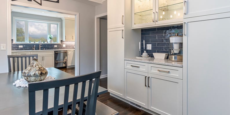 kitchen and dining remodel in shaker heights ohio with white and blue aesthetic
