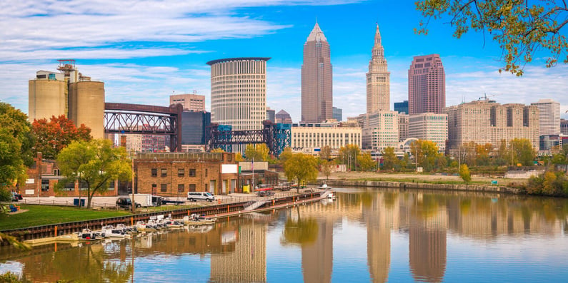 Cleveland, Ohio, USA skyline on the Cuyahoga River