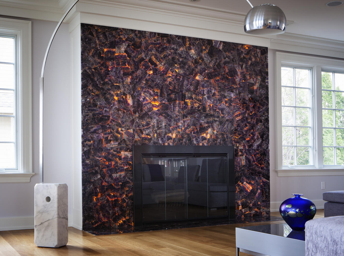 close up of custom home stone fireplace surround by Chagrin River Company in Chardon, Ohio