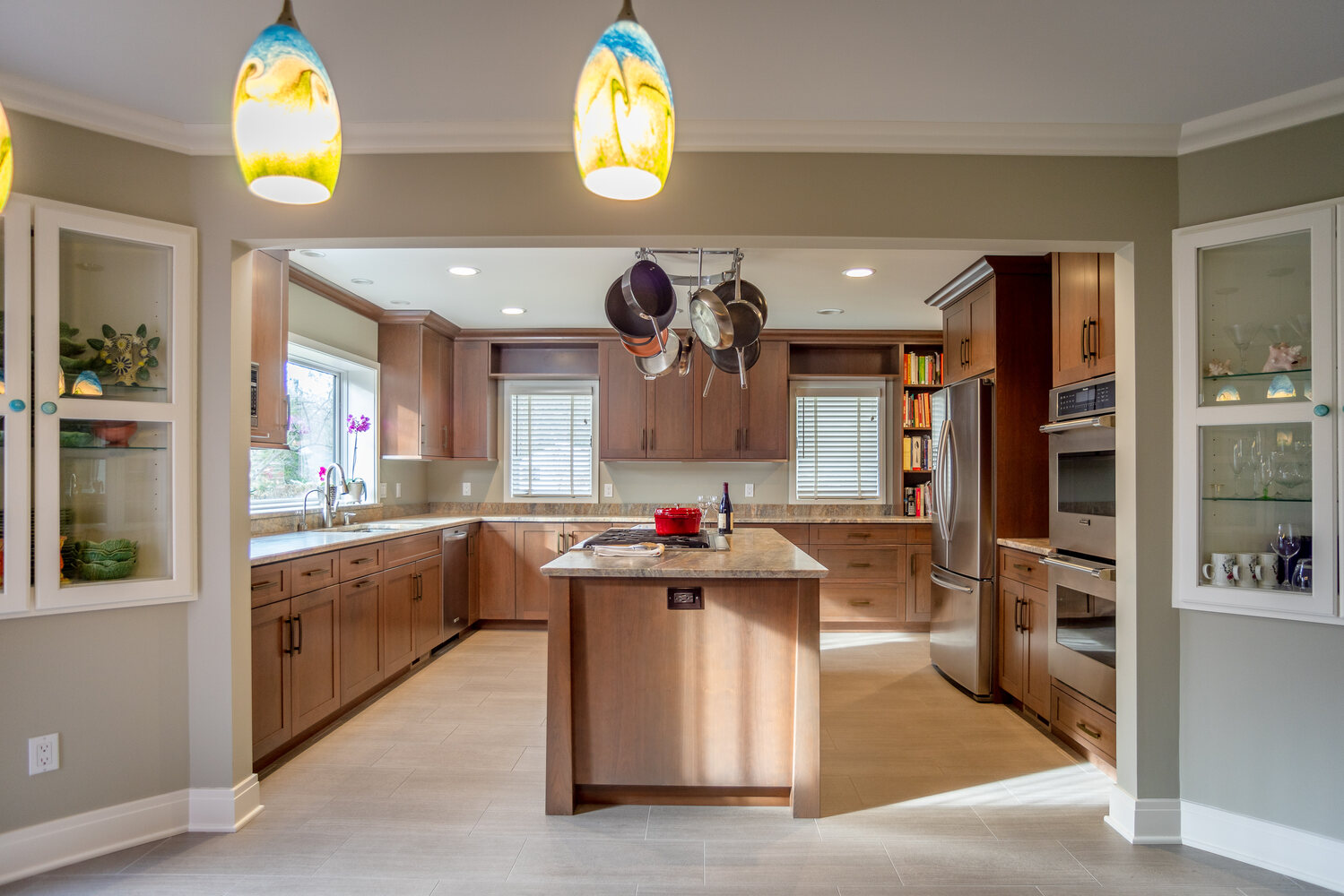 custom home kitchen view with pendant lighting by Chagrin River Company in Chardon, Ohio