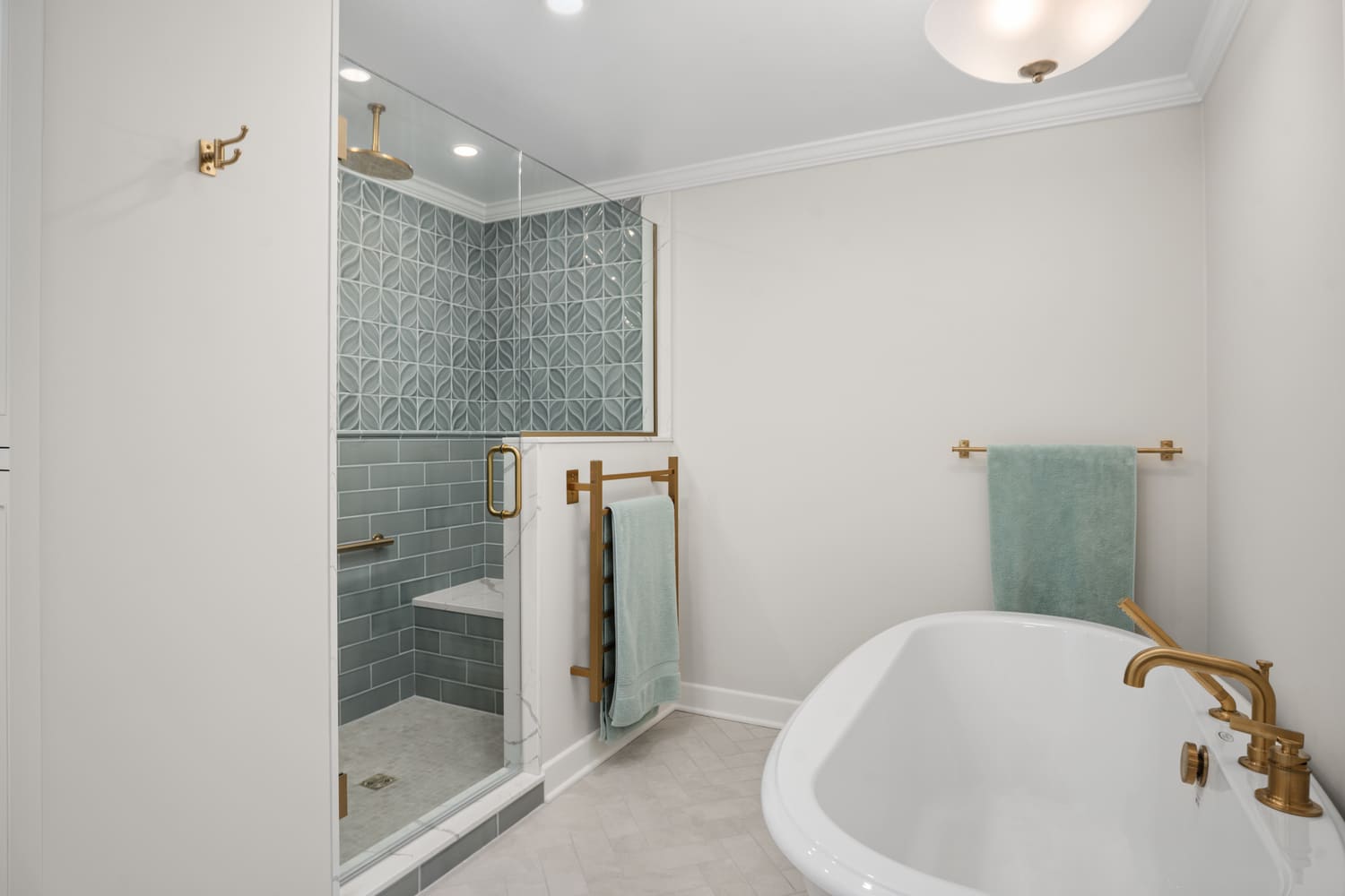 shaker heights primary bathroom remodel bold tile and freestanding tub